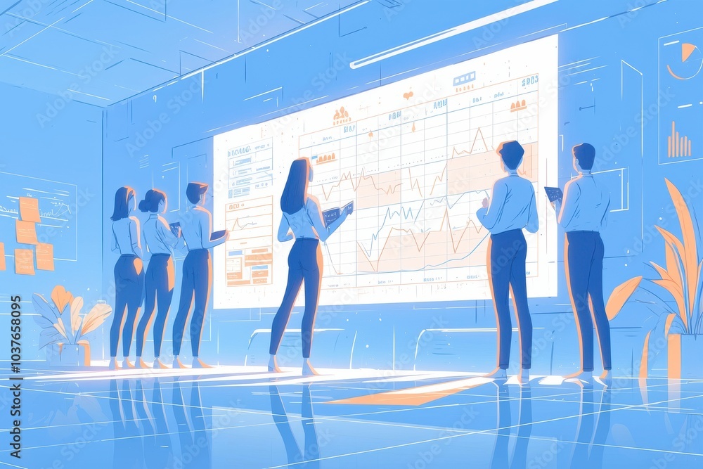 Obraz premium Professional Team Analyzing Data in Futuristic Conference Room