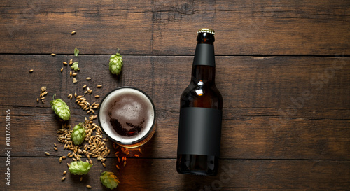 Beer bottle next to glass with craft beer and hops on wooden table photo