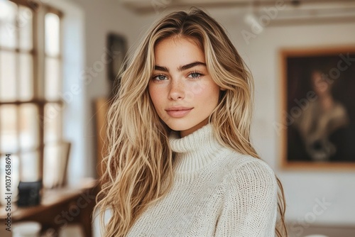 Portrait of a Young Woman with Long Blonde Hair in a White Knit Sweater