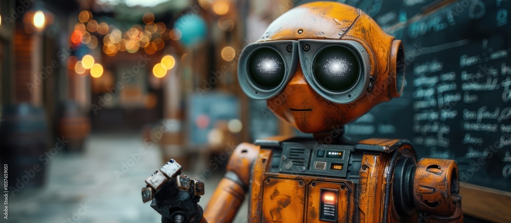 A futuristic robot with glowing eyes stands in a city setting. A futuristic robot with glowing eyes stands in a city setting.