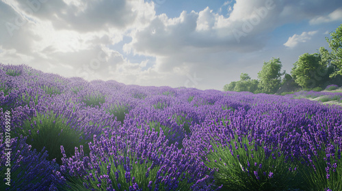 A field of lavender blooming on a hillside, filling the air with fragrance. photo