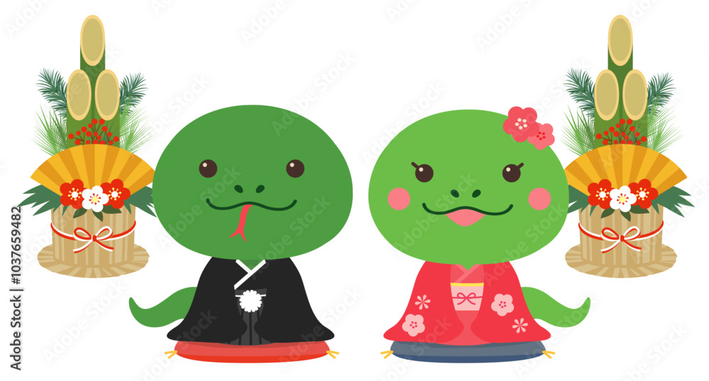 Obraz premium 年賀状素材 巳年 蛇の夫婦イラスト（着物）