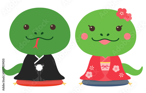年賀状素材 巳年 蛇の夫婦イラスト（着物）