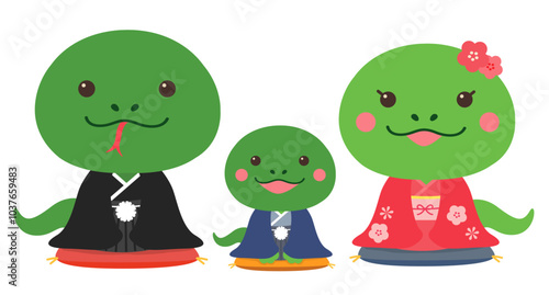 年賀状素材 巳年 蛇の親子イラスト（着物）