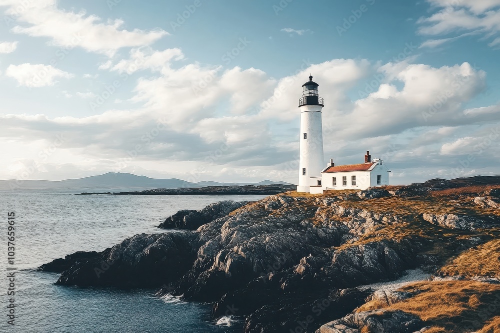 Naklejka premium Scenic coastal lighthouse under cloudy sky on rocky shoreline at dusk