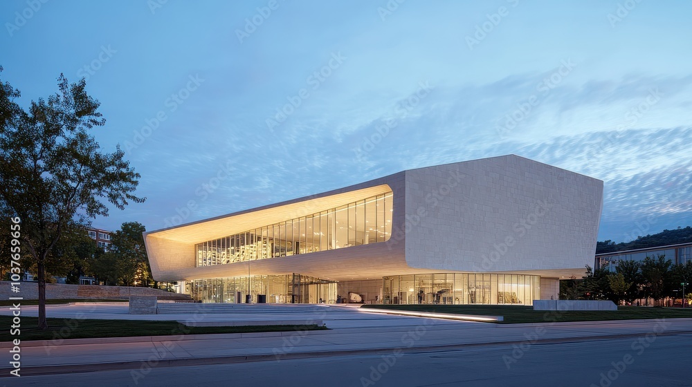 Modern architectural masterpiece at twilight showcasing sleek design and glass facade Modern architectural masterpiece at twilight showcasing sleek design and glass facade