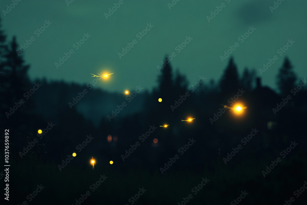 A group of fireflies glowing in the dark night sky illuminating the landscape A group of fireflies glowing in the dark night sky illuminating the landscape