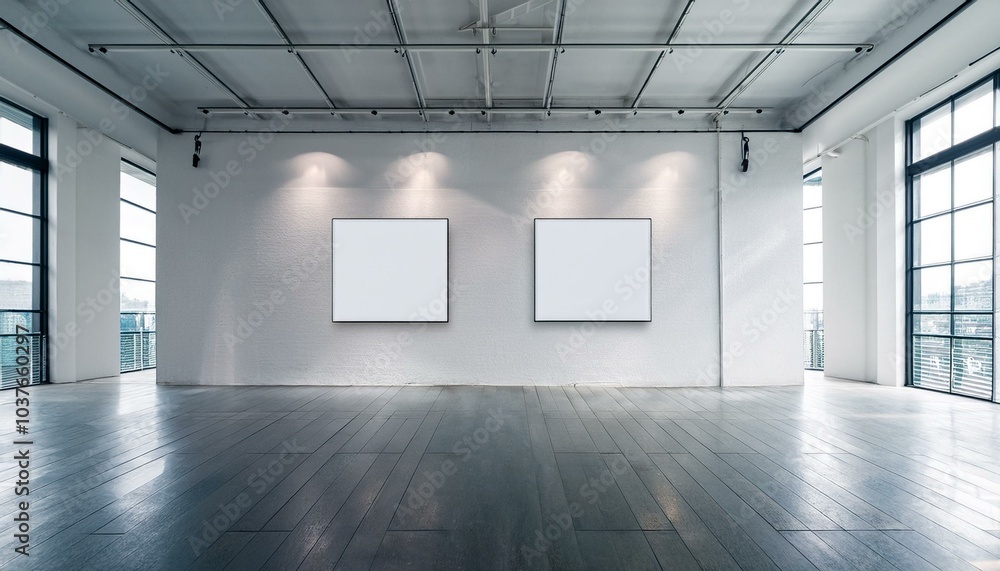 Loft white geometric interior with mock up place on walls. Exhibition, gallery and layout concept. 3D Rendering. Loft white geometric interior with mock up place on walls. Exhibition, gallery and layout concept. 3D Rendering.