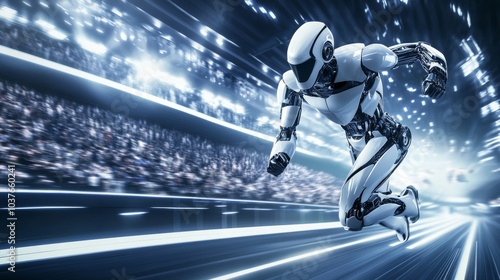 A robotic athlete competing in a high-speed race on a digital track, futuristic sports arena and cheering crowd, Sports entertainment style photo