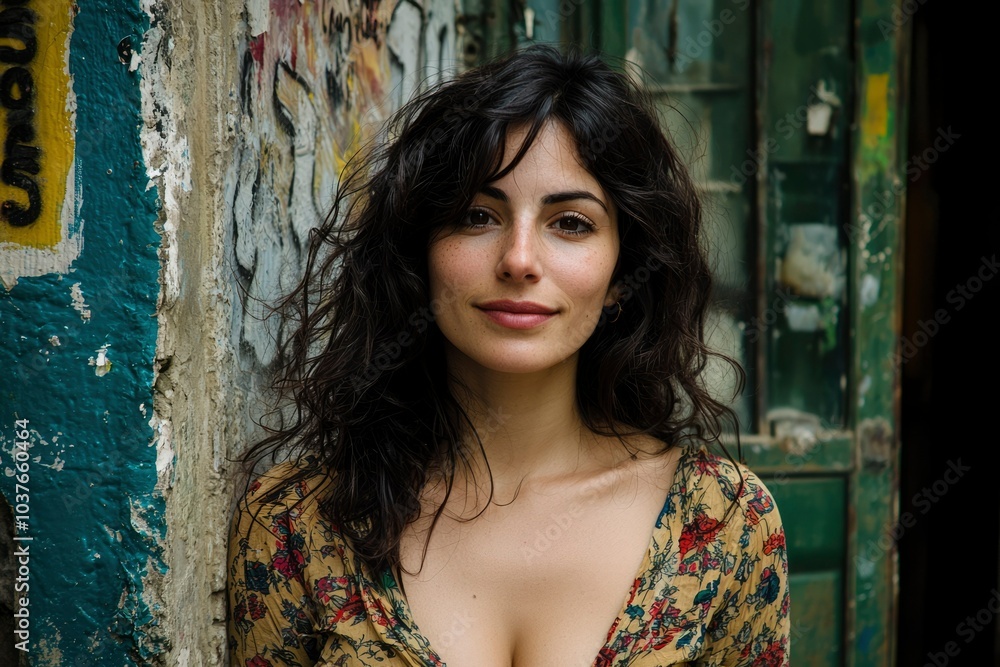 Portrait of a Young Woman with Wavy Hair, Wearing a Floral Dress