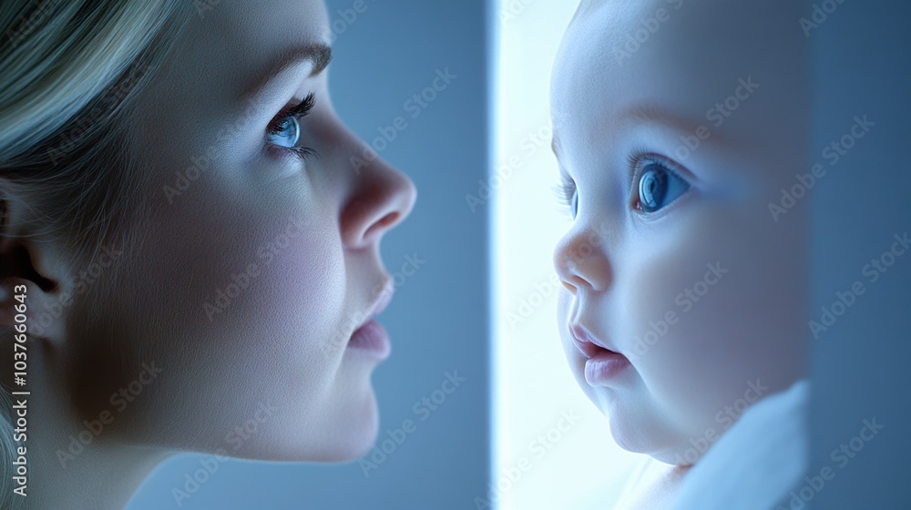 Mother and baby share a tender gaze, illuminated by soft, natural light, AI Mother and baby share a tender gaze, illuminated by soft, natural light, AI