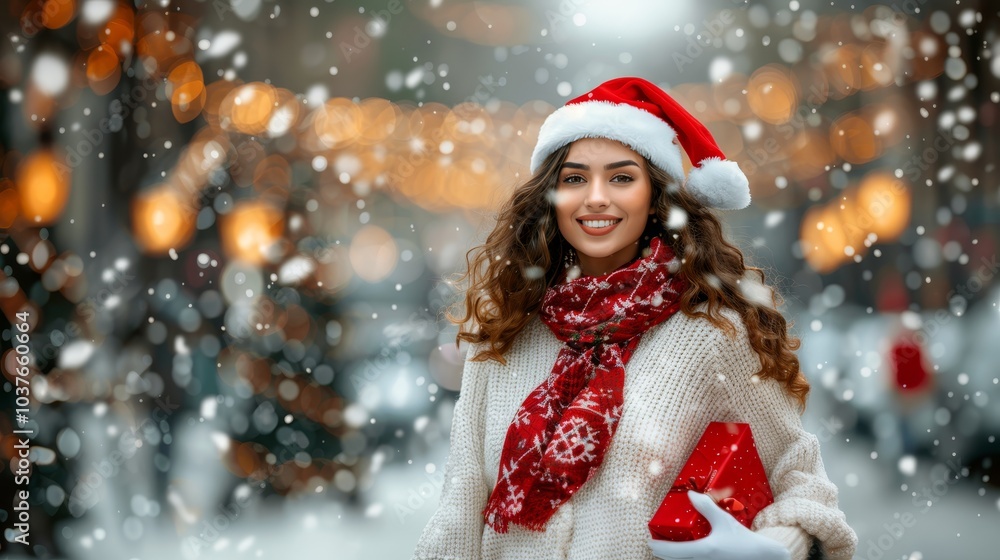 Cheerful curly haired woman in Santa hat holding red gift box on festive evening street banner empty space Cheerful curly haired woman in Santa hat holding red gift box on festive evening street banner empty space