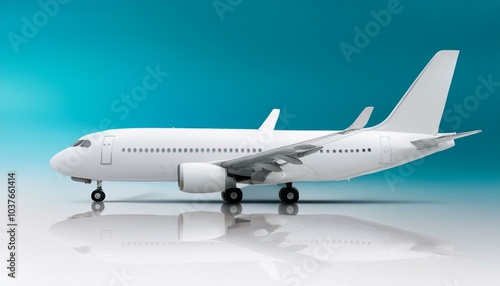 Side view of a white commercial jet airplane on clear background. Travel concept. 3D Rendering