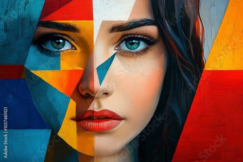 Abstract Portrait of a Woman with Geometric Shapes and Vibrant Colors