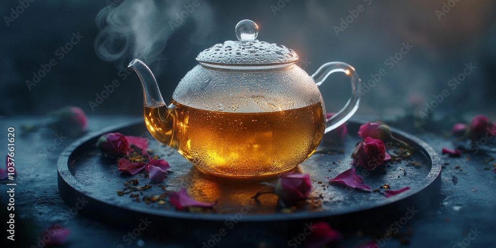 A beautiful glass teapot sits on a dark tray. The warm amber tea is steaming gently. Surrounding it are colorful rose petals, adding elegance. Perfect for tea lovers and photography. AI A beautiful glass teapot sits on a dark tray. The warm amber tea is steaming gently. Surrounding it are colorful rose petals, adding elegance. Perfect for tea lovers and photography. AI