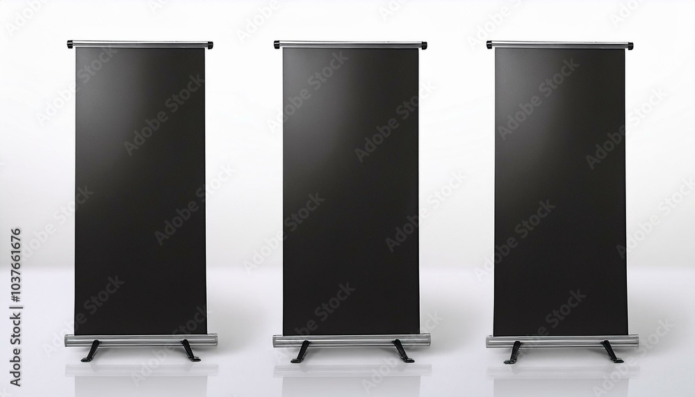 Three black roll-up banners standing isolated on a white background. Concept of blank advertising space. 3D Rendering Three black roll-up banners standing isolated on a white background. Concept of blank advertising space. 3D Rendering