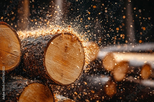 Sawdust Flying From Cut Logs During Lumberjack Work photo