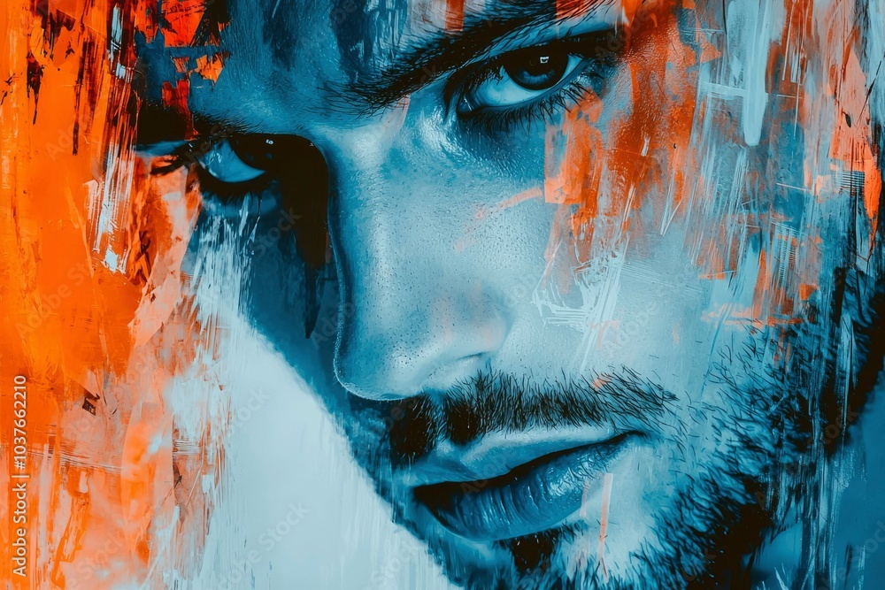 A Close-Up of a Man's Face in Abstract Art Style with Orange and Blue Hues A Close-Up of a Man's Face in Abstract Art Style with Orange and Blue Hues