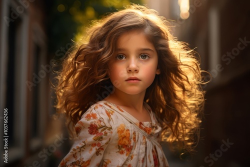 Portrait of a beautiful little girl with long curly hair on the street