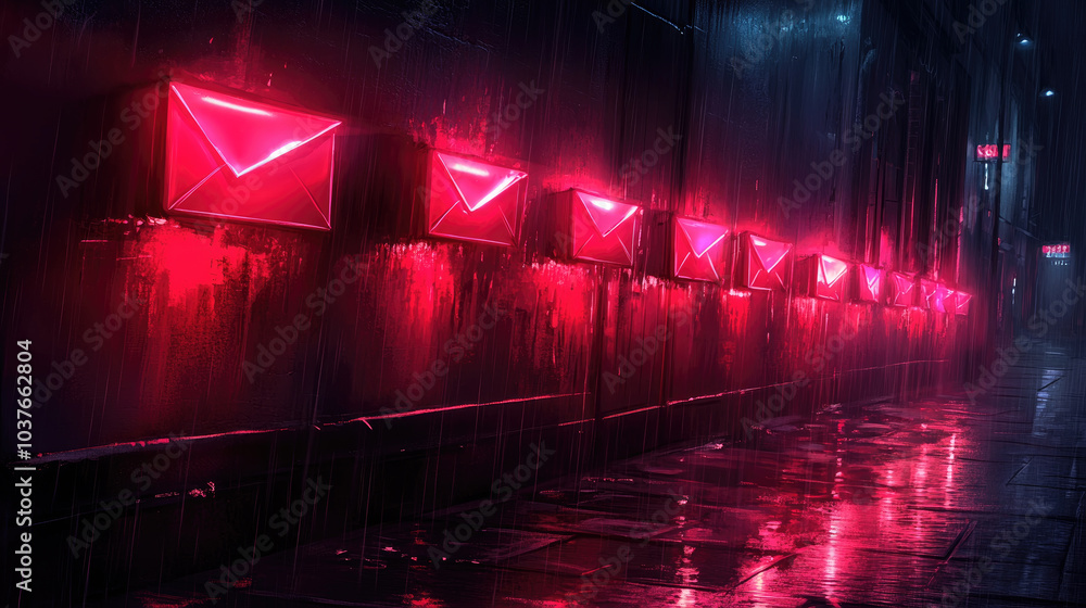 Fototapeta premium A rainy urban street showcases a row of glowing red mailboxes under neon lights, reflecting on the wet pavement at night
