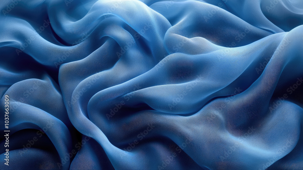 Obraz premium The delicate blue fabric flows softly, forming gentle waves and revealing its texture under warm, natural light