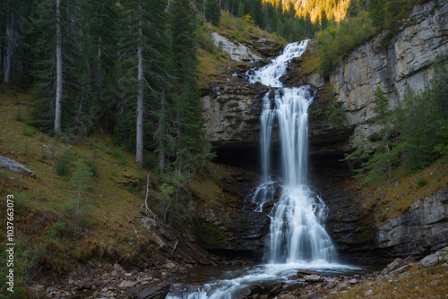 Waterfall at the edge of a trail in the mountains