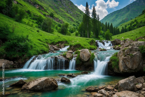 Waterfall in green valley of mountains