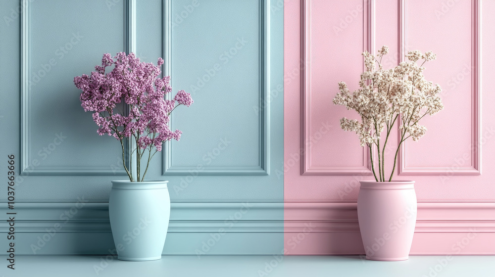 Fototapeta premium Beautiful pastel-colored flower arrangements sit in elegant vases against two-tone walls, creating a serene and stylish atmosphere