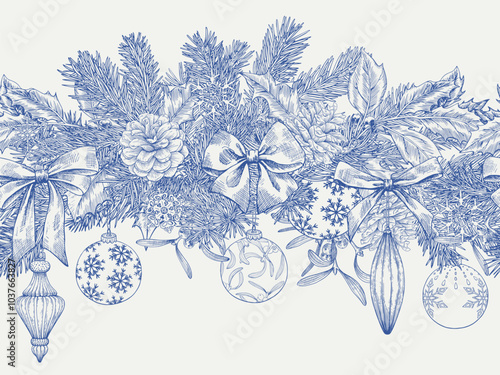 Toile art Christmas Vintage seamless pattern border with bows toys fir twigs pine cone holly mistletoe balls. Blue beige Hand drawn vector background for design package, holiday, paper, decor new year