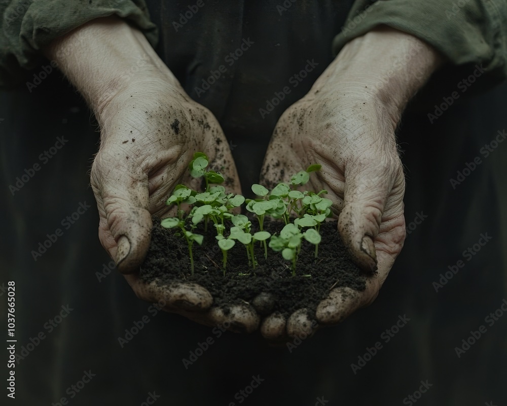 Close-up of a person's hands, covered in dirt, cradling young green seedlings, showcasing a connection to nature. Close-up of a person's hands, covered in dirt, cradling young green seedlings, showcasing a connection to nature.