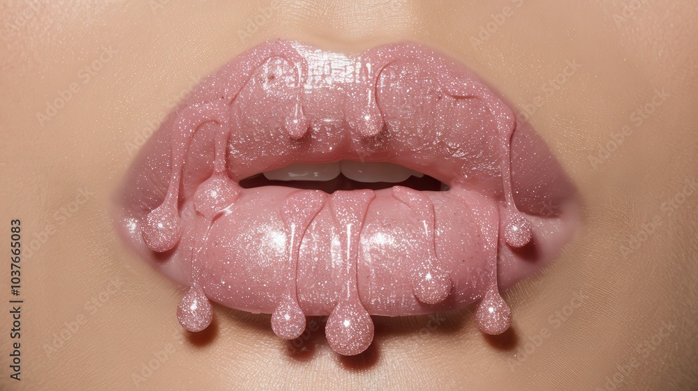 Close-Up of Lips with Crumpled Pink Lipstick Texture Close-Up of Lips with Crumpled Pink Lipstick Texture