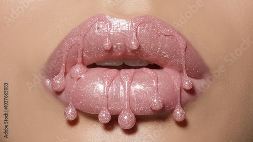 Close-Up of Lips with Crumpled Pink Lipstick Texture