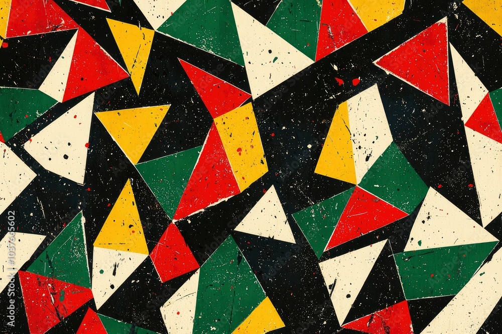 Fototapeta premium Abstract Geometric Pattern with Red, Yellow, Green, and Black Triangles on a Black Background with White Specks