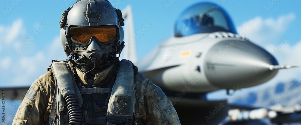 A pilot in full flight gear stands in front of a fighter jet, ready for takeoff. A pilot in full flight gear stands in front of a fighter jet, ready for takeoff.