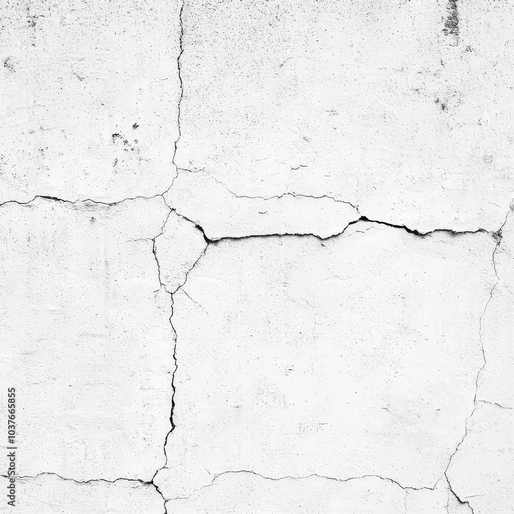 Fototapeta premium Close-up of a cracked white concrete wall, showcasing intricate textures and patterns.