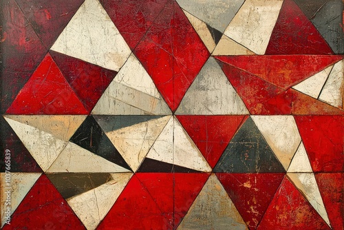 Abstract Geometric Painting with Red, White, and Black Triangles photo