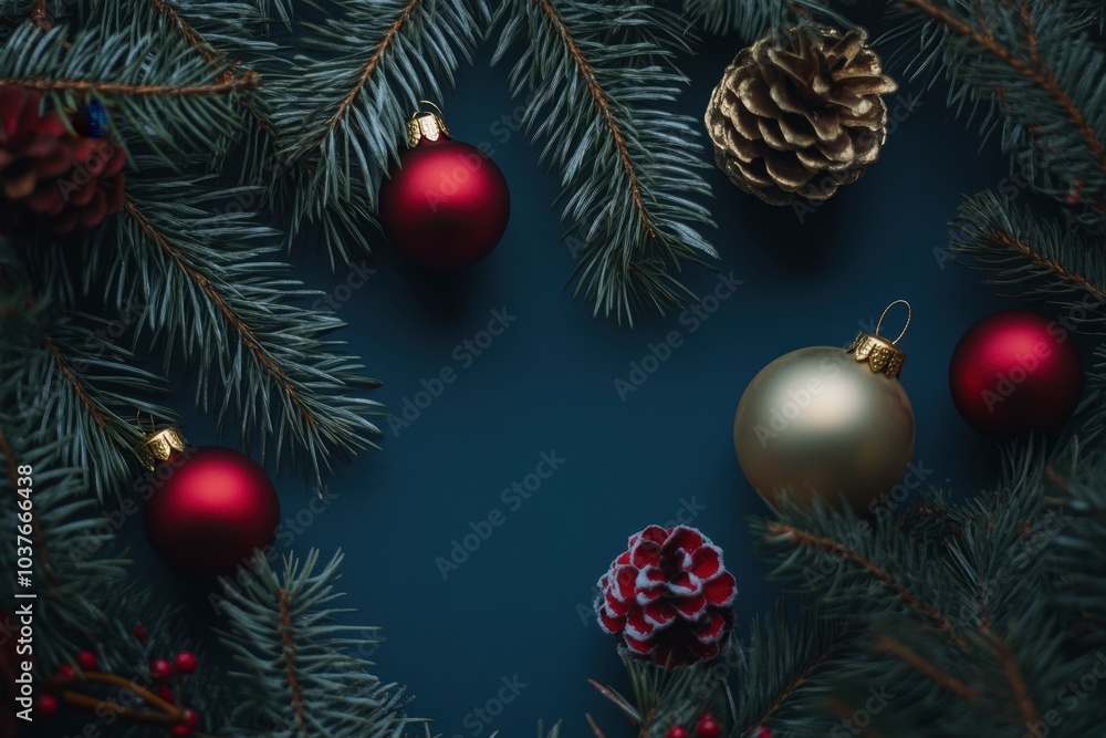 Holiday decor with pine and ornaments Holiday decor with pine and ornaments