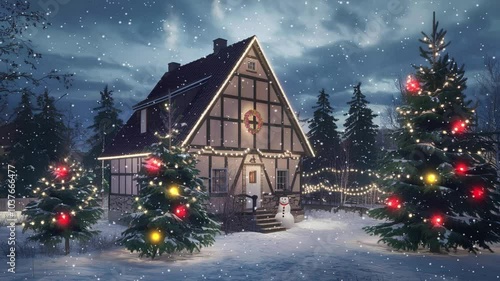 High-quality 4k footage, Solitary snowbound half-timbered rustic house decorated for Christmas among snow-covered fir tree forest at snowfall winter night, Winter setting log cabin in Christmas snow