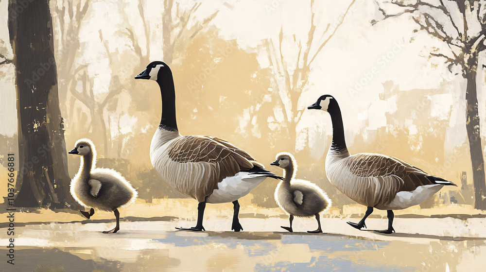 Fototapeta premium A family of geese waddling across a park