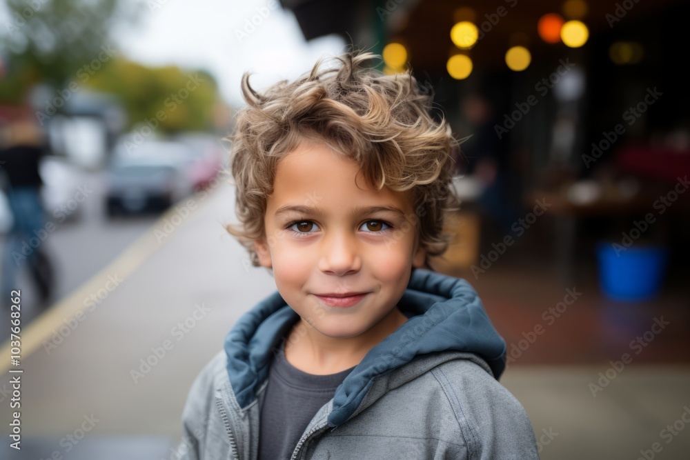 Portrait of a cute little boy with curly hair in the city Portrait of a cute little boy with curly hair in the city