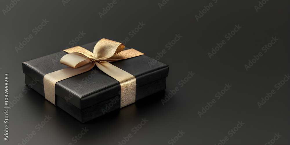 Black gift box with a gold bow on a black background with space for text. Copyspace banner Black gift box with a gold bow on a black background with space for text. Copyspace banner
