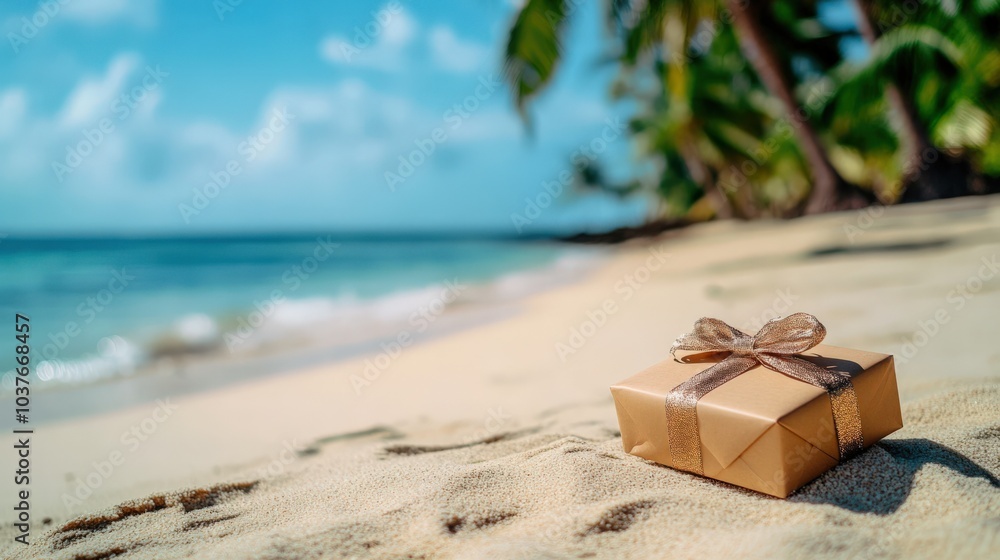 Naklejka premium Ribbon-Wrapped Present by the Sea