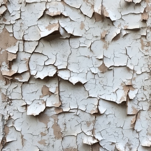 Close-up of cracked and peeling white paint revealing the textured surface underneath.