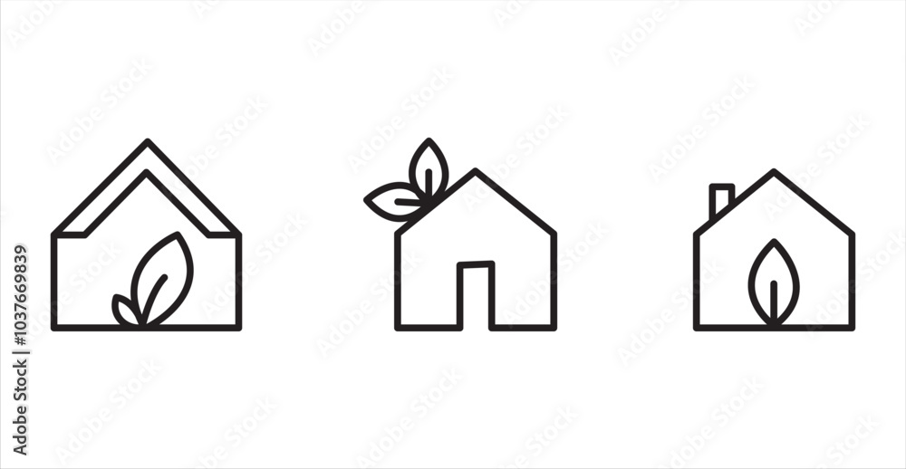 Icon set of Eco-friendly homes. Black outline icons of homes with a leaf represent eco-friendly living, green homes, and sustainability. Icon set of Eco-friendly homes. Black outline icons of homes with a leaf represent eco-friendly living, green homes, and sustainability.