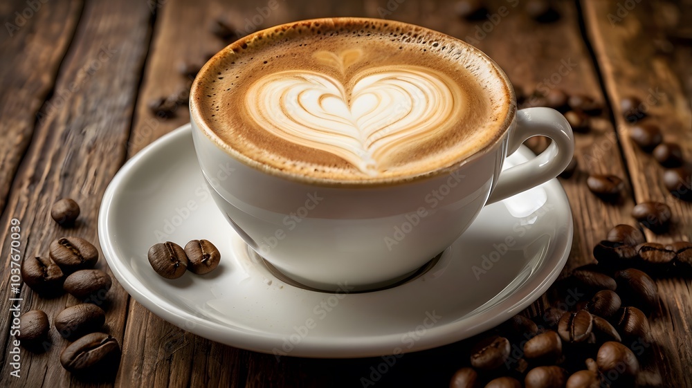 cup of coffee latte art with beans coffe arround the cup cup of coffee latte art with beans coffe arround the cup