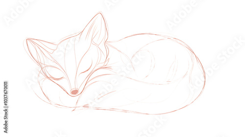 minimal outline of a sleeping fox curled up on a white background