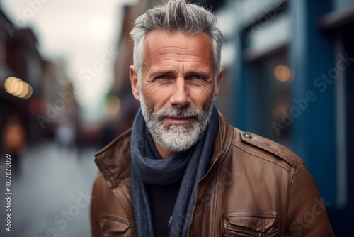 Portrait of a handsome senior man with grey hair and beard wearing a brown leather jacket on a street in the city.