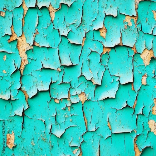 Close-up of an aged turquoise wall with peeling paint, revealing textures and layers of history.