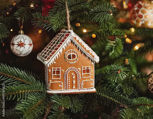 gingerbread house ornament on a Christmas tree AI