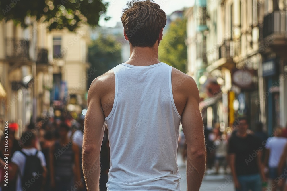 Fototapeta premium Man in a White Tank Top Walking Through a City Street